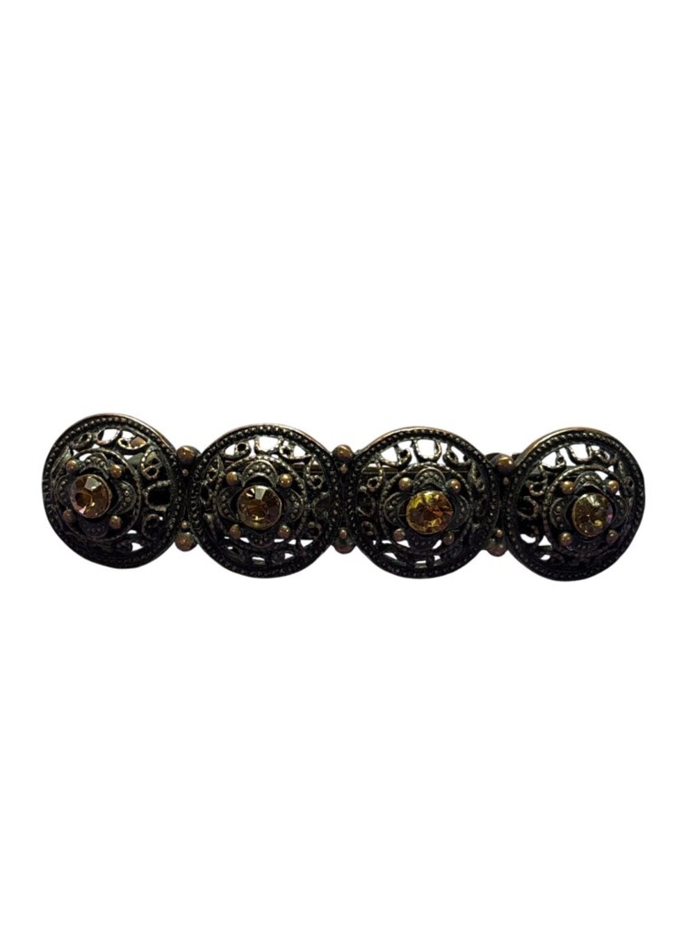 Vintage Bronze Color Circles Hair Barrette Yellow Rhinestone 3.25 inches